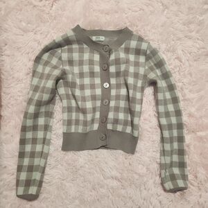 Ardene Checked Crewneck Cardigan - Mint & Taupe